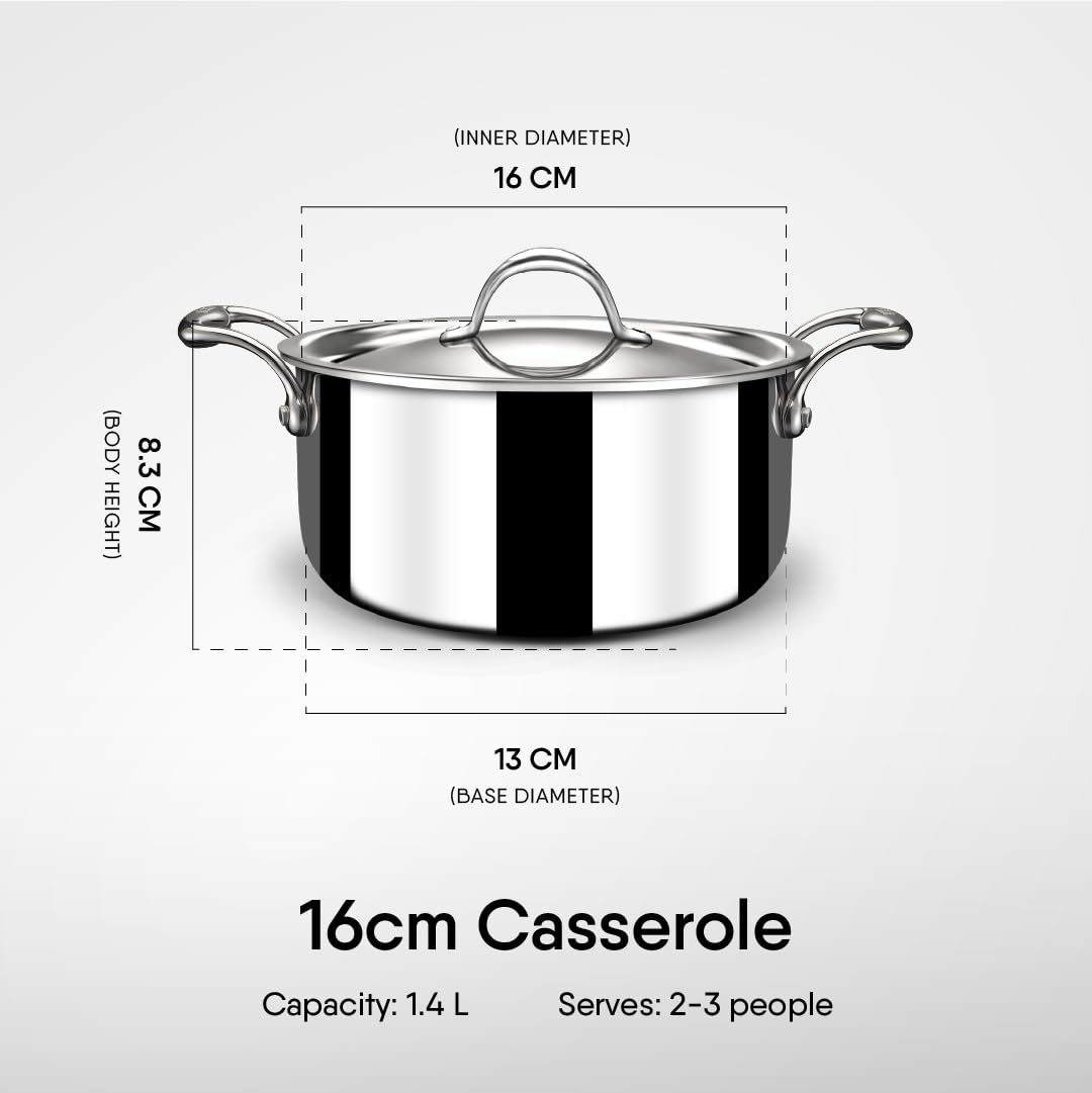 Stahl Artisan Triply Stainless Steel Sauce Pot/Casserole with lid 16cm 1.4Litres, Induction Pot, Briyani Pot/Handi, 1.4 L,16 cm