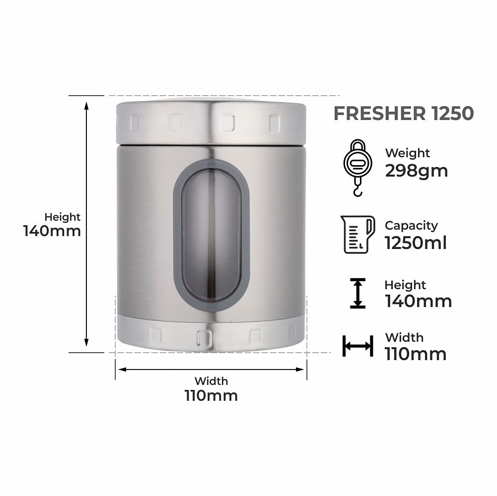 DUBBLIN Stainless Steel Storage jar container 1.25 Liter, Fresher jar 1.25 Liter, transparent visible window, food safe, steel Storage container 1.25 liter, SUS 304
