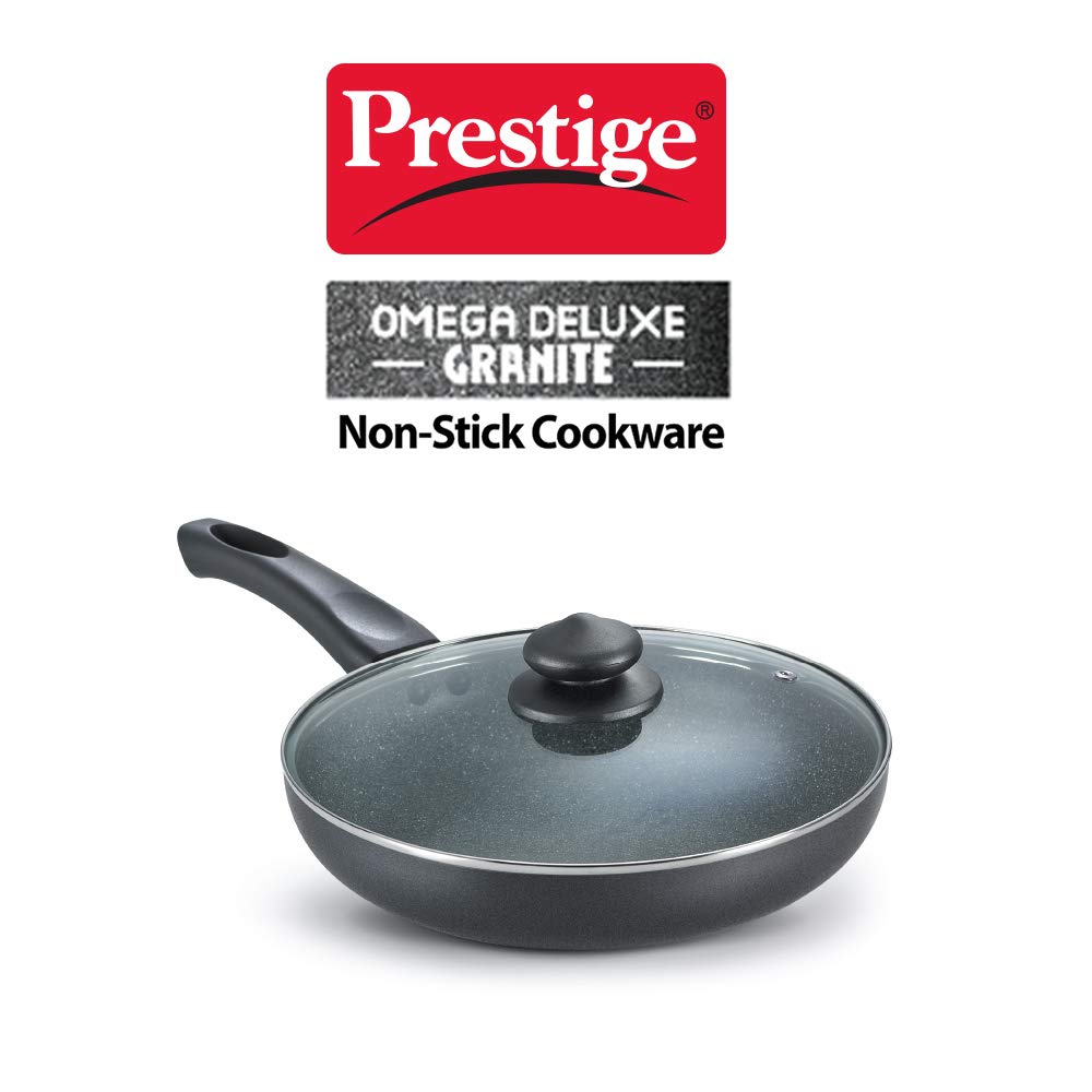 Prestige Non-Stick Omega Deluxe Granite Fry Pan with Lid 26 Centimeters Capacity 2.1 Liters| Black | Induction Base | 5 Layer Non-Stick Cookware