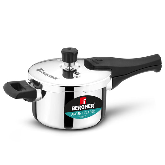Bergner Argent Classic Triply Stainless Steel 2.5 Liters Outer Lid Pressure Cooker, Triply Cooker with Resettable Safety Valve, Sturdy Handle, Easy to Use and Clean - Induction and Gas Stove Ready