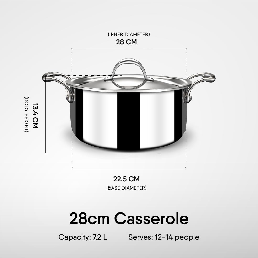 Stahl Artisan Triply Stainless Steel Sauce Pot Casserole with lid 28cm 7.2Liters, Induction Briyani Handi, 7.2 L, 28 cm