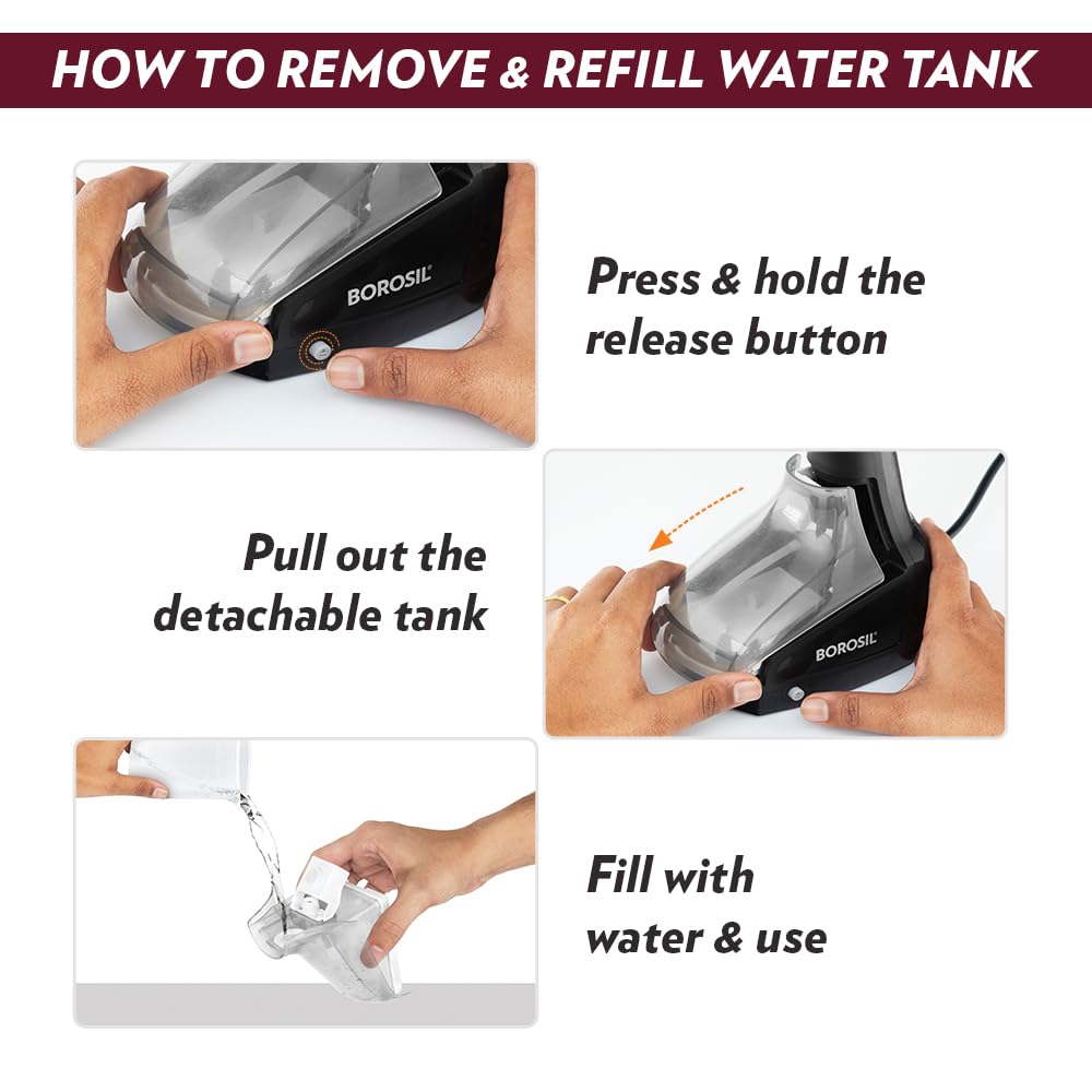 Borosil Handheld Garment Steamer Gs01,Horizontal & Vertical Use,1000 Watts Fast Heating,Ceramic Steam Nozzle,200 Ml Water Tank,Detachable Fabric Brush,Lint Brush,For Silk,Nylon,Rayon,Wool,Cotton