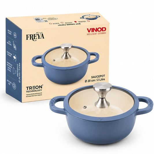 Vinod Freya Cast Iron Saucepot with Glass Lid, 20cm - 2L Blue Color | TREON Technology | Enameled Casserole & Dutch Oven | Iron-Rich Handi for Everyday Use| Induction & Gas Compatible Cooking Pot