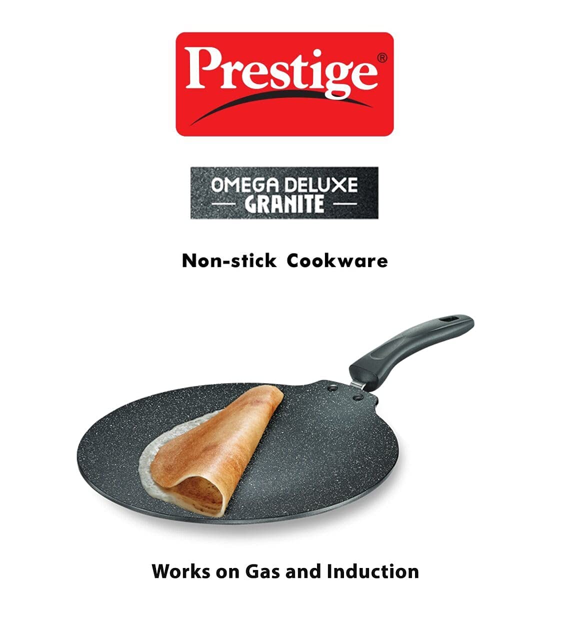 Prestige Omega Deluxe Granite Flat Dosa Tawa Black, 28 cm |Non-Stick | Induction Base | Dishwasher Safe | PFOA Free | Metal Spoon Friendly