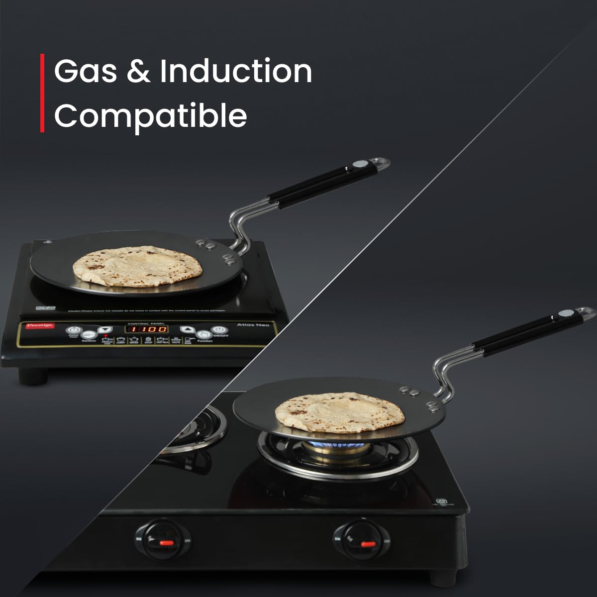 Prestige Hard Anodised Plus Cookware Induction Base Roti Tawa | Black | 22.5cm | Perma-Cool Handles | Wide Base | Hand Wash