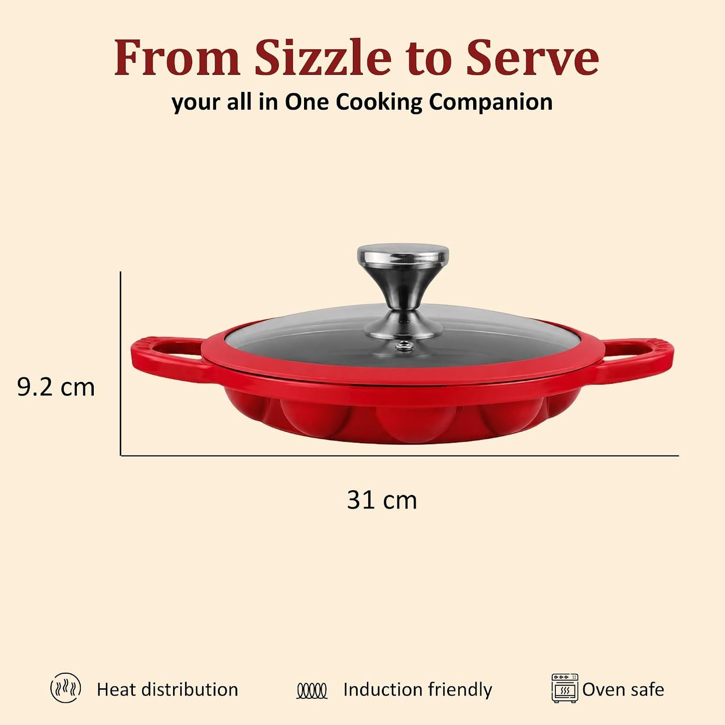 Vinod Freya Enameled Cast Iron Appe Pan with Glass Lid - 22 cm, 12 Pits  Red Color| 100% Toxin Free | No Seasoning Required | TREON Technology | Ideal for Paniyaram, Appam Patra, Paddu & Gunta Ponganalu Maker