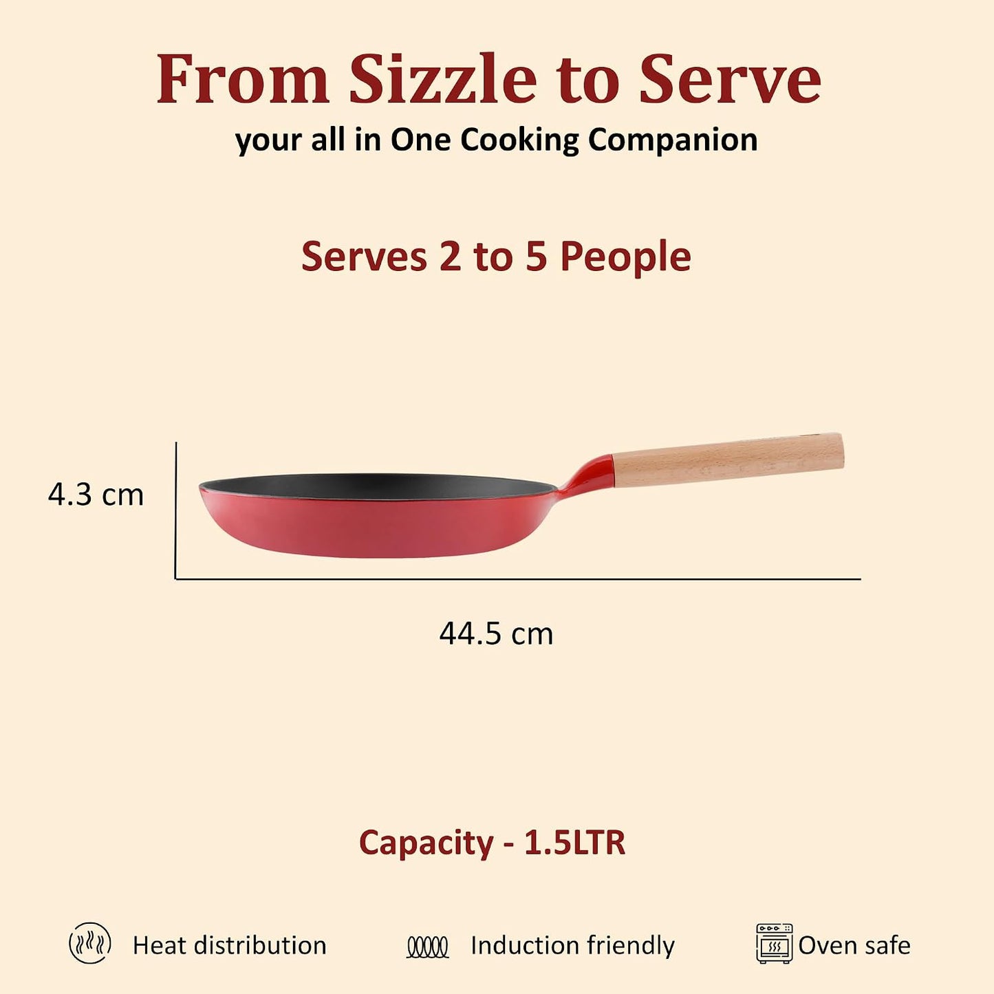 Vinod Freya Enameled Cast Iron Frypan 24 cm, 1.5 L Red Color | Wood-Finish Handle | TREON Technology, 100% Toxin Free | No Seasoning Required | Gas & Induction Compatible | Ideal for Everyday Use