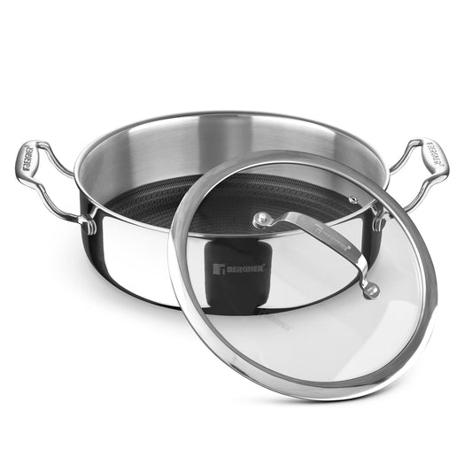 Bergner Hi-Tech Triply Stainless Steel 28cm,5.7Liters, Serving Pan with Glass Lid, Honeycomb Non-Stick Coating, Non-Toxic, Healthy, Less Oil Use, Durable Handles, Excellent Grip - Induction and Gas Ready