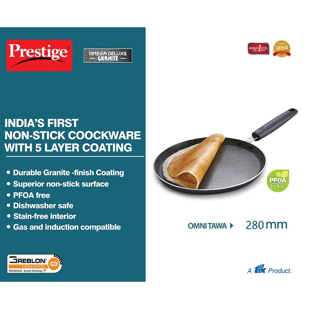 Prestige Omega Deluxe 28cm Granite Dosa Tawa|Non-Stick with 5 Layers Coating| Stainfree Interior|Gas & Induction Compatible|2 Years warranty