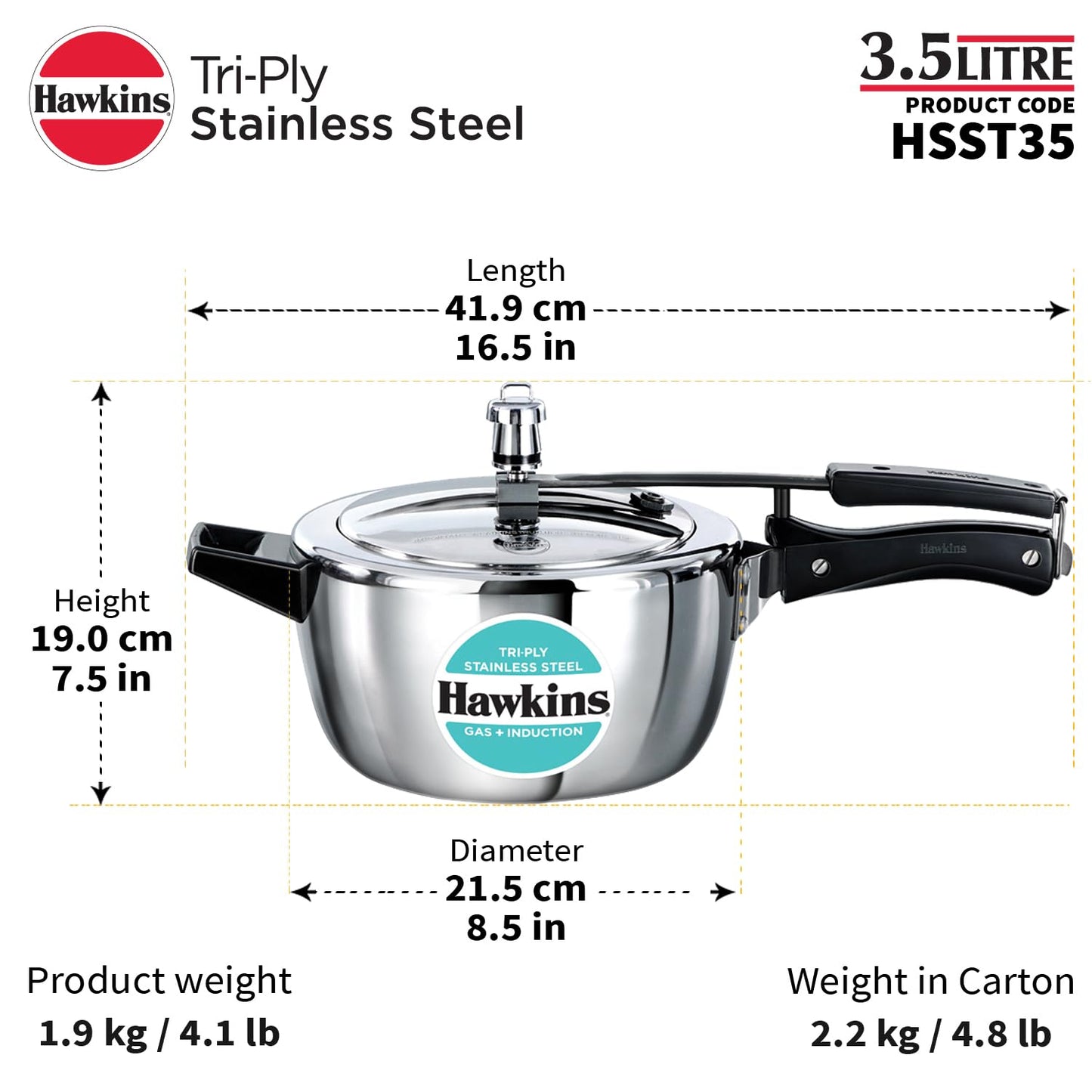 Hawkins 3.5 Liters Triply Stainless Steel Pressure Cooker, Inner Lid Cooker, Silver (HSST35)