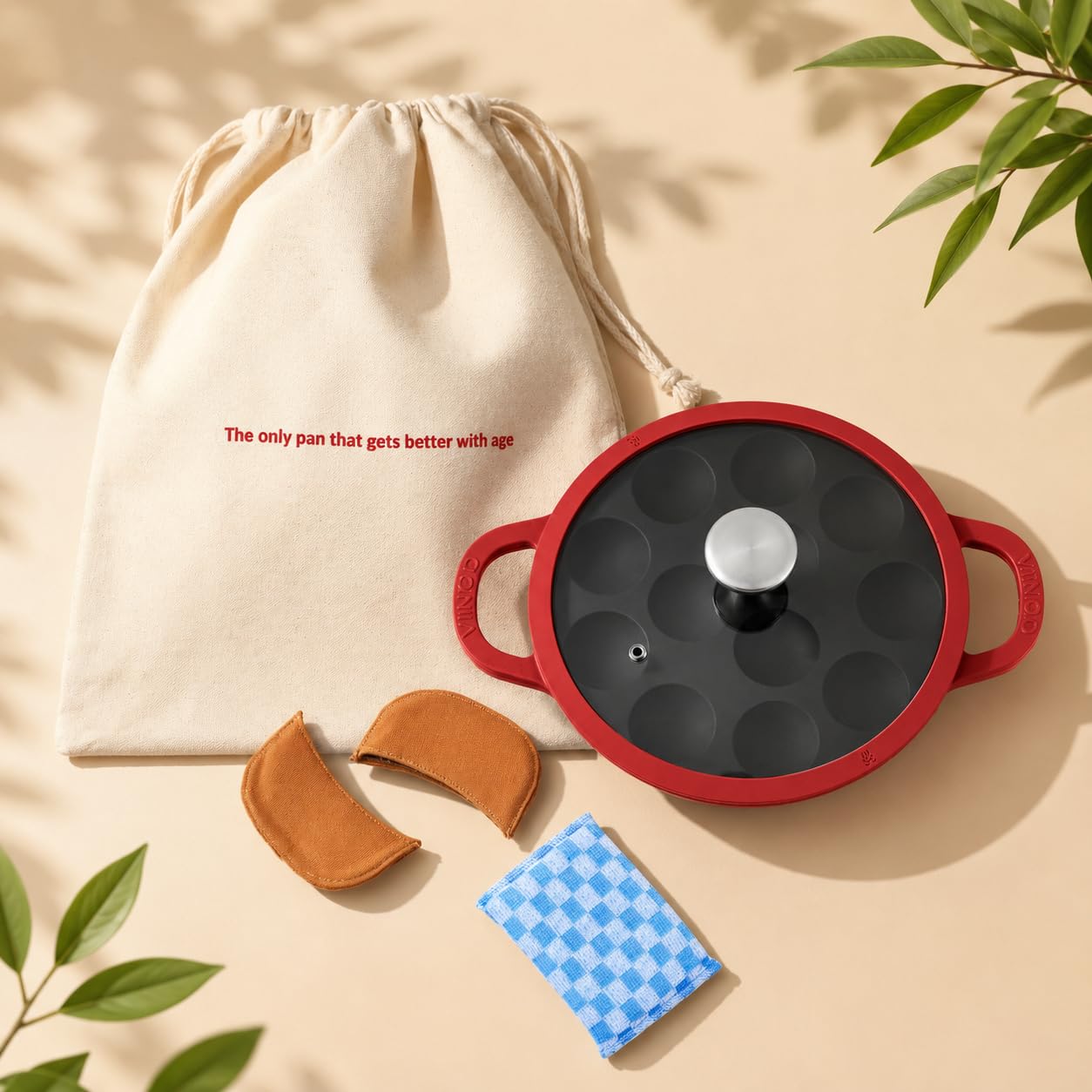 Vinod Freya Enameled Cast Iron Appe Pan with Glass Lid - 22 cm, 12 Pits  Red Color| 100% Toxin Free | No Seasoning Required | TREON Technology | Ideal for Paniyaram, Appam Patra, Paddu & Gunta Ponganalu Maker