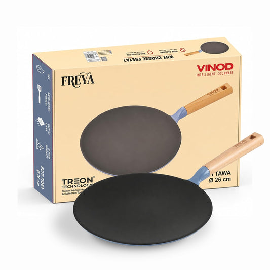 Vinod Freya Cast Iron Roti Tawa 26 cm Blue Color | TREON Titanium-Reinforced Enamel, No Seasoning Required, Oil-Activated Food Release, Beechwood Handle, Gas & Induction Base, for Roti, Chapati & Paratha