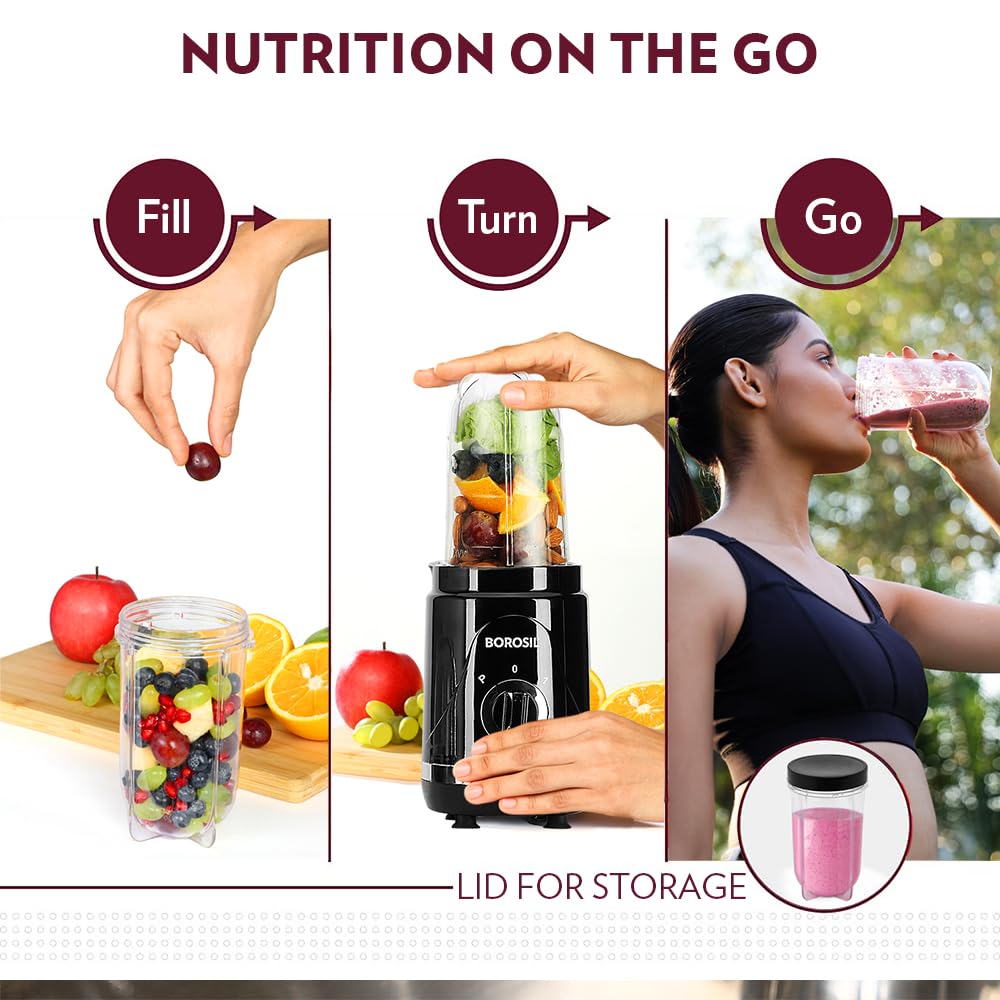 Borosil NutriFresh NB04 Portable Mini-Blender & Grinder 400 Watts,300 ml Dry Grinding Spices/Chutney Jar, Black, 400 Watts