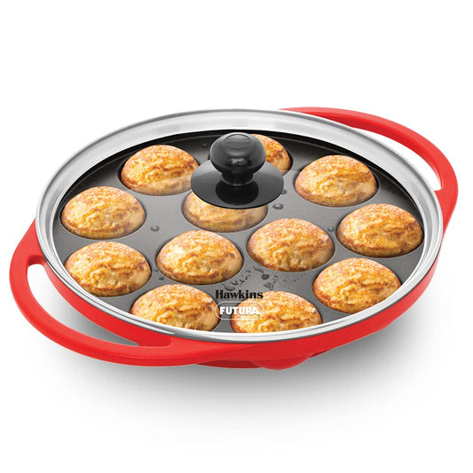 Hawkins 26 cm Appe Pan, Non Stick Paniyaram Pan with Glass Lid, 12 Cups Paniyarakkal Ceramic Pan, Red