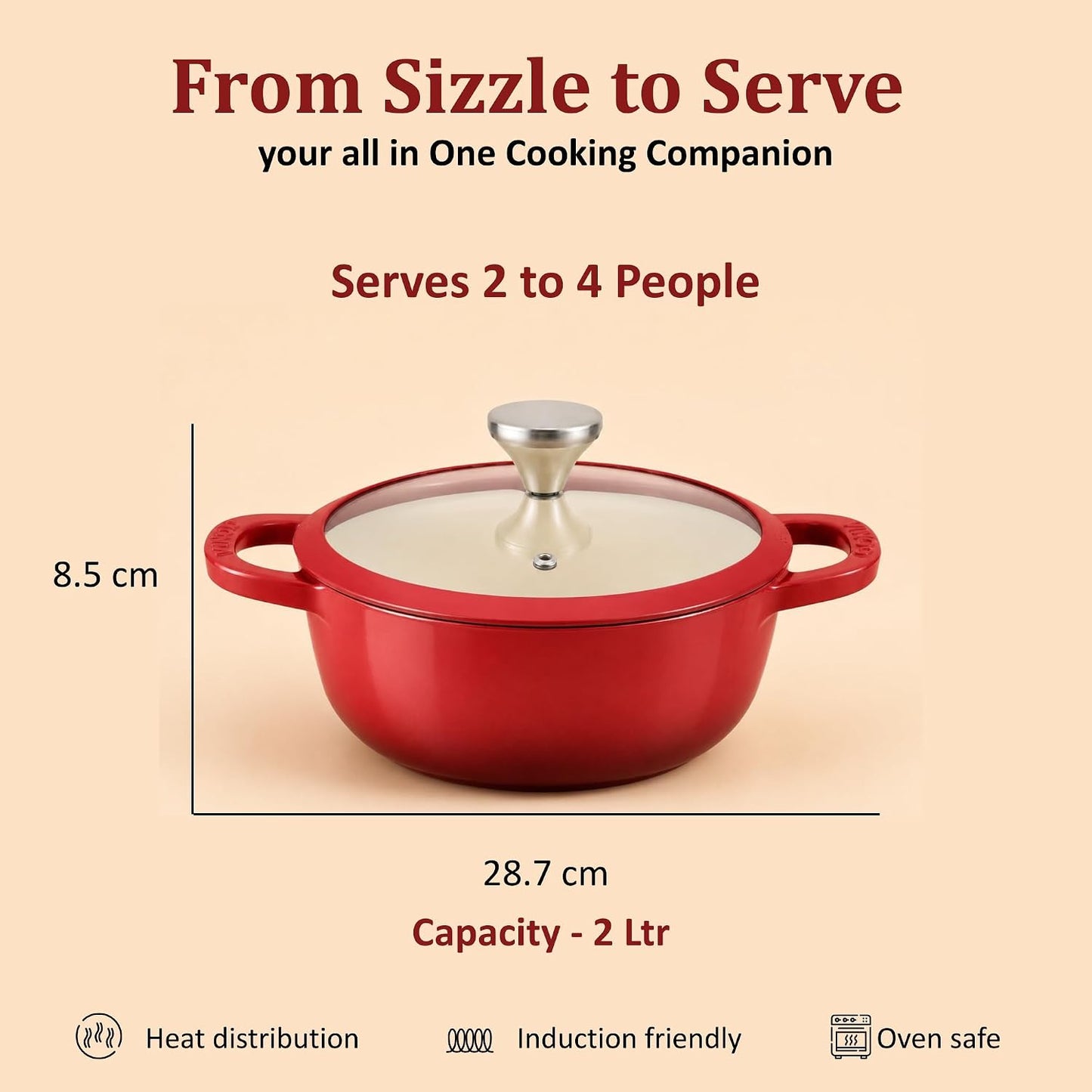 Vinod Freya Cast Iron Saucepot with Glass Lid, 20cm 2L | Enameled Casserole & Dutch Oven | TREON Technology | Iron-Rich Handi for everyday use | Induction & Gas Compatible Cooking Pot