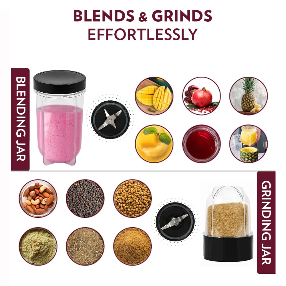 Borosil NutriFresh NB04 Portable Mini-Blender & Grinder 400 Watts,300 ml Dry Grinding Spices/Chutney Jar, Black, 400 Watts