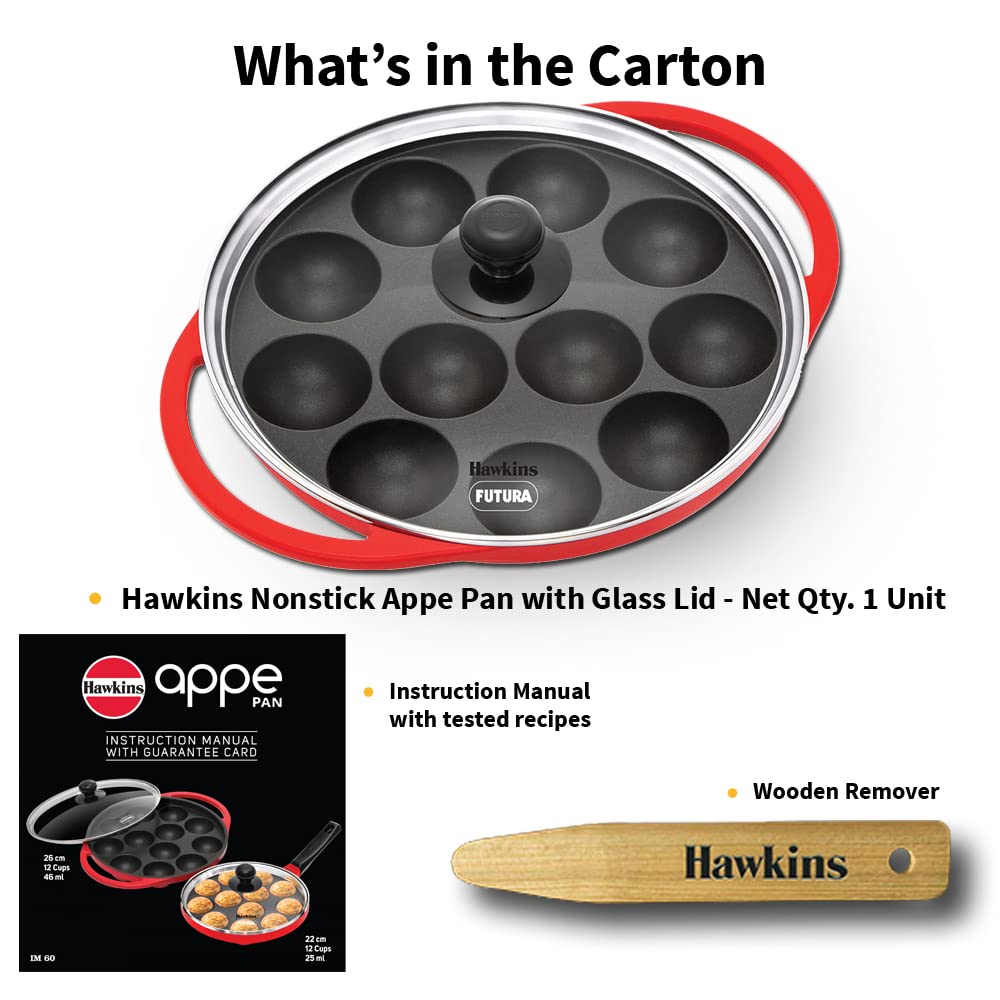Hawkins 26 cm Appe Pan, Non Stick Paniyaram Pan with Glass Lid, 12 Cups Paniyarakkal Ceramic Pan, Red