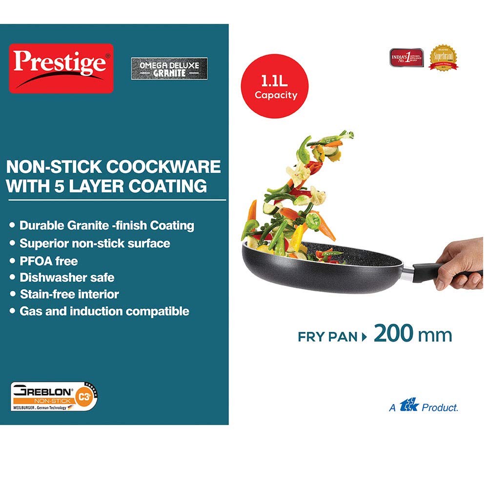 Prestige Non-Stick Omega Deluxe Granite Fry Pan 20 Centimetres Capacity 1.1 Liters| Black | Induction Base | 5 Layer Non-Stick Cookware | PFOA Free | Easy Grip Handle