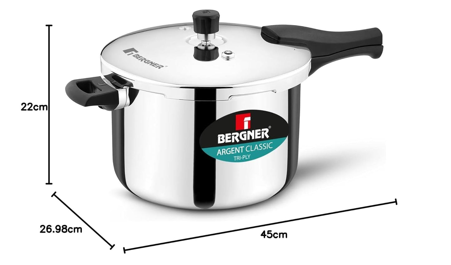 Bergner Argent Classic Triply Stainless Steel 8 Liters Outer Lid Pressure Cooker, Big Size Triply Cooker with Resettable Safety Valve, Sturdy Handle, Easy to Clean - Induction and Gas Stove Ready