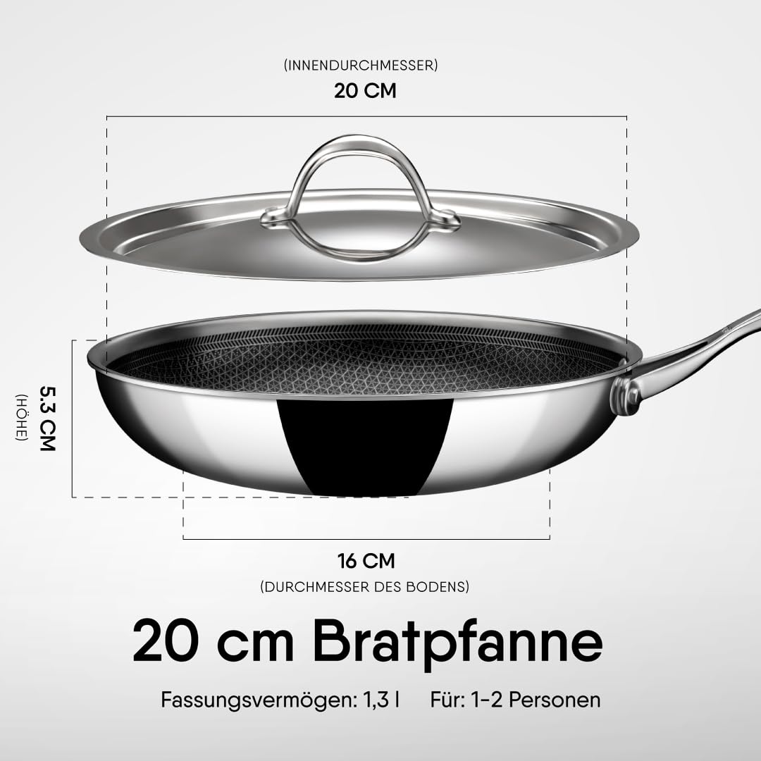 Stahl Artisan Hybrid Triply Frying Pan with Lid 20 cm 1.3Liters, Fry pan Induction Base, Frying pan Non Stick,  Frying pan Stainless Steel, 1.3 L, 20 cm