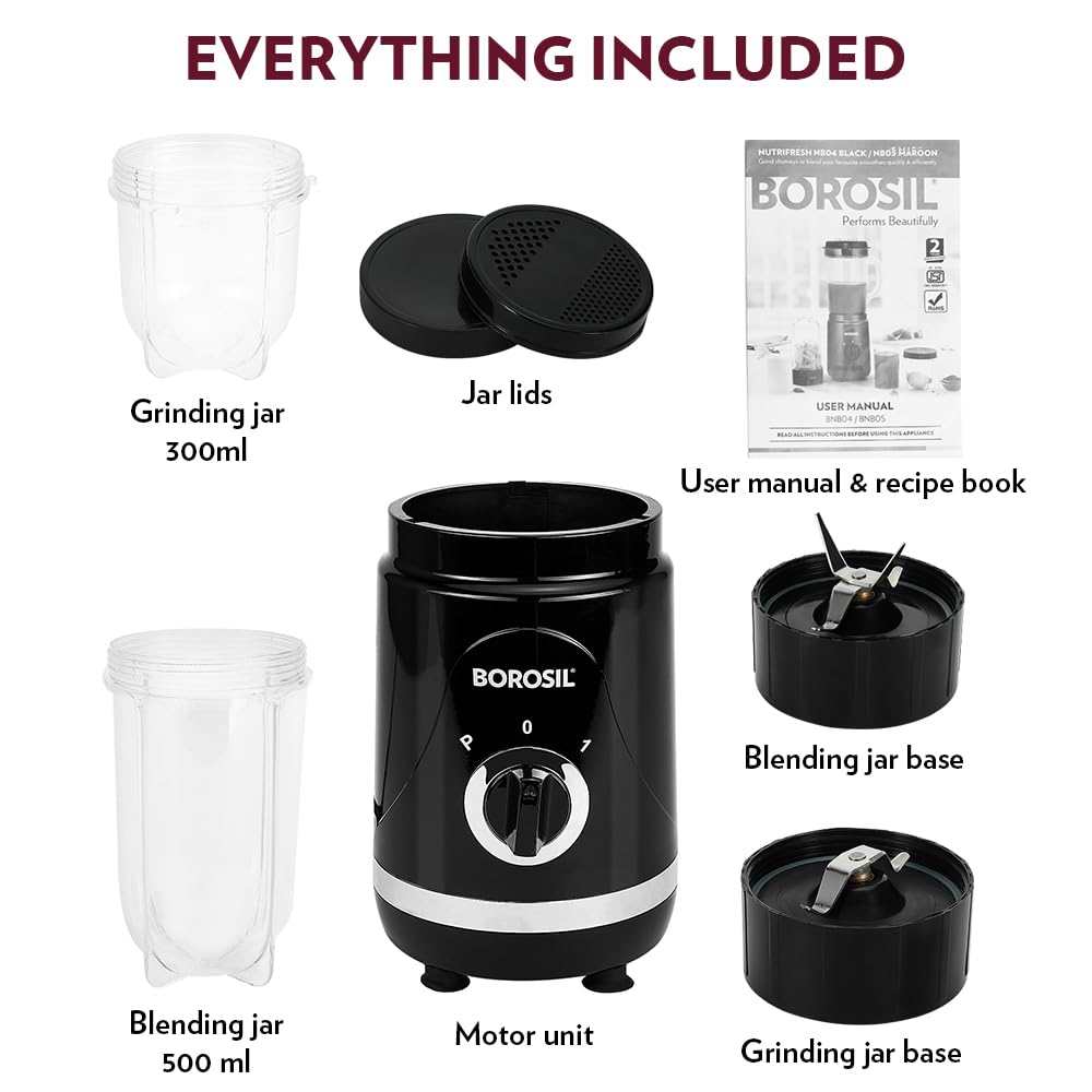 Borosil NutriFresh NB04 Portable Mini-Blender & Grinder 400 Watts,300 ml Dry Grinding Spices/Chutney Jar, Black, 400 Watts