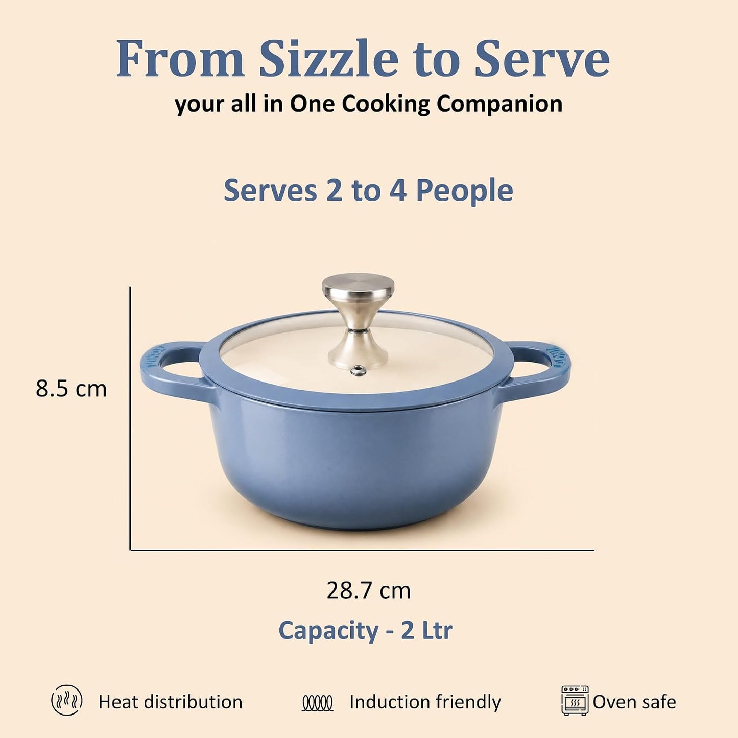Vinod Freya Cast Iron Saucepot with Glass Lid, 20cm - 2L Blue Color | TREON Technology | Enameled Casserole & Dutch Oven | Iron-Rich Handi for Everyday Use| Induction & Gas Compatible Cooking Pot