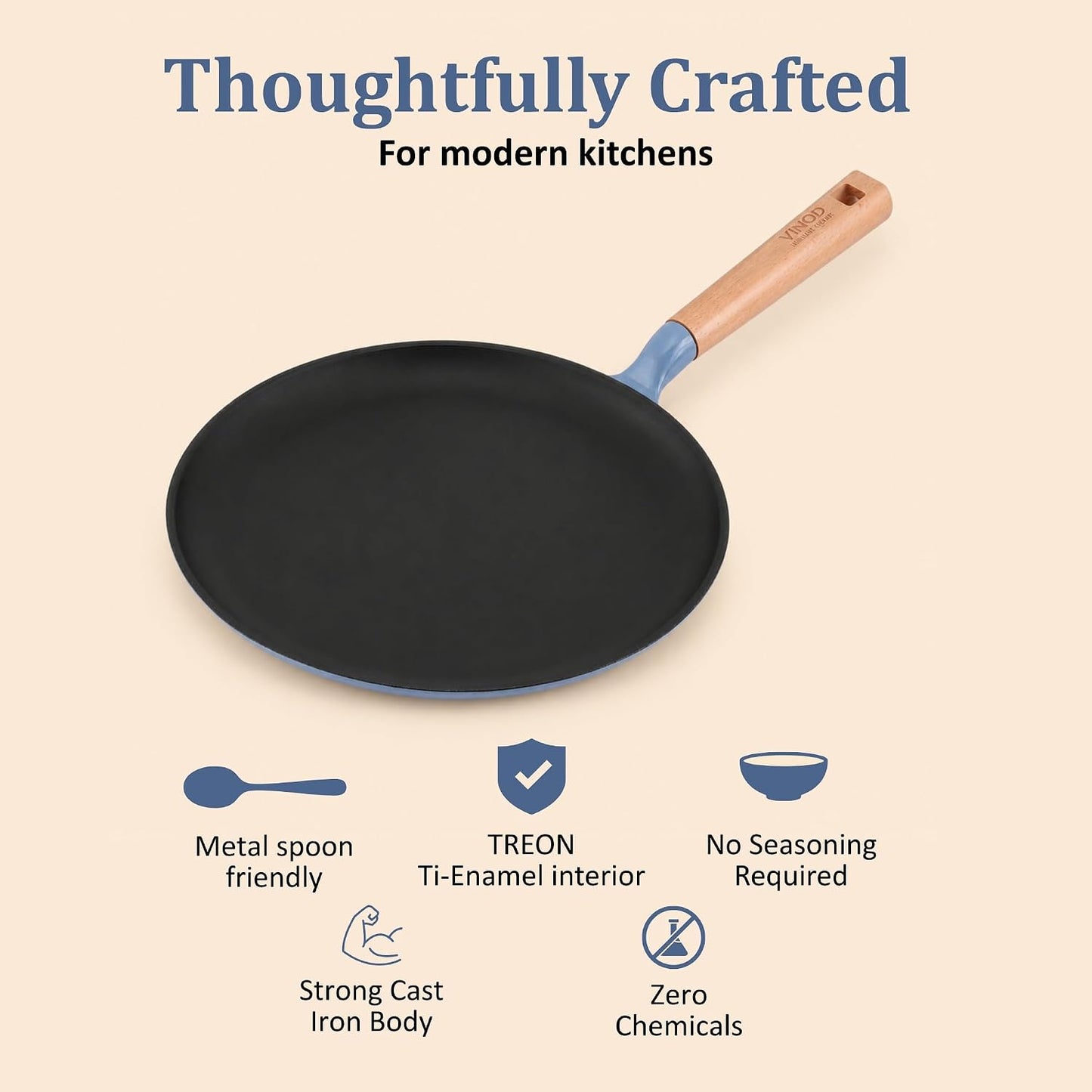 Vinod Freya Cast Iron Dosa Tawa 28 cm Blue, TREON Titanium-Reinforced Enamel, No Seasoning Required, Oil-Activated Food Release, No Traditional Seasoning, Gas & Induction Base, Beechwood Handle