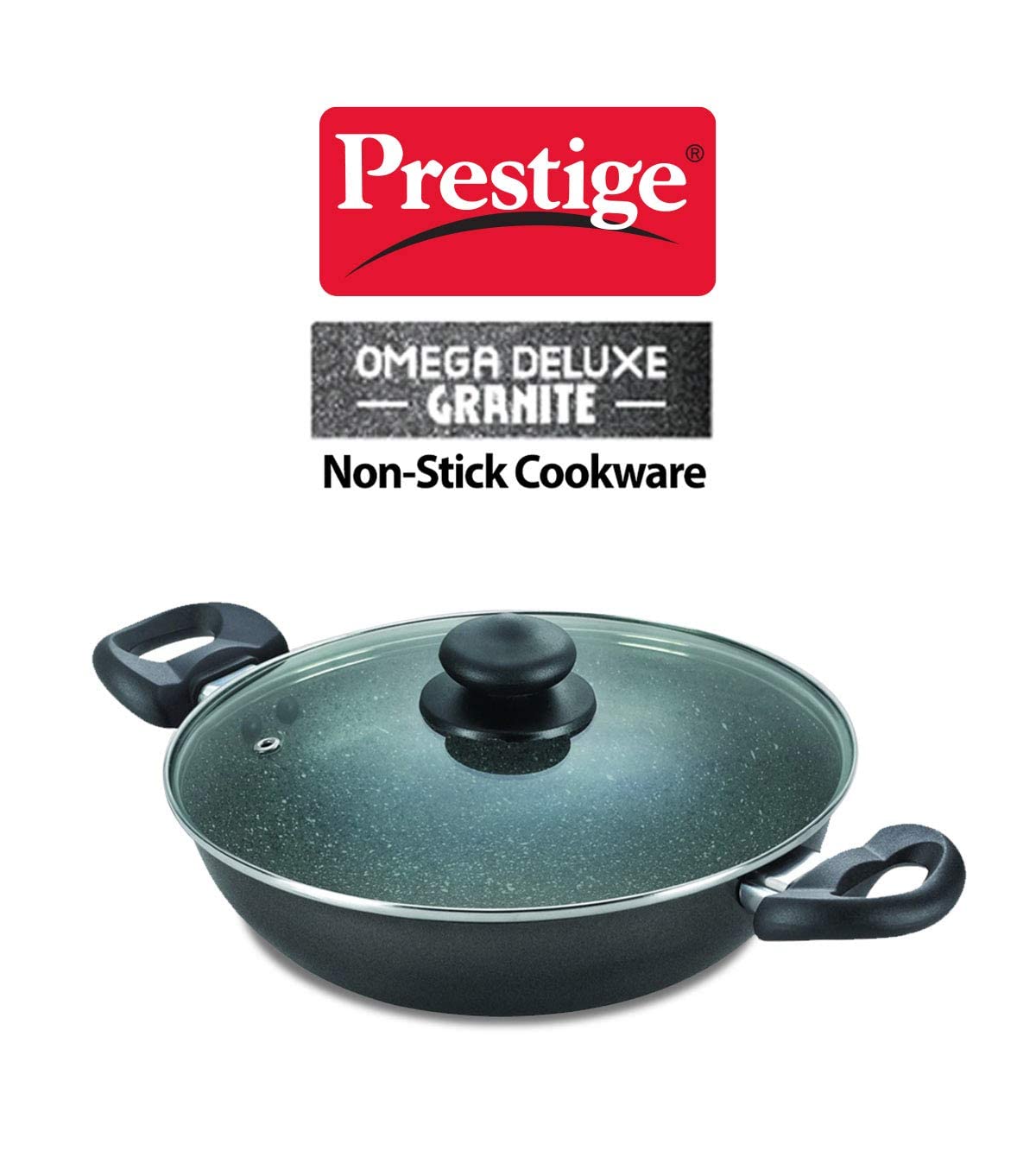 Prestige Omega Deluxe Non-Stick Kadhai 24 Centimeters 2.4 liters | Black | Induction Base | Non-Stick Granite Finish | Scratch Resistant