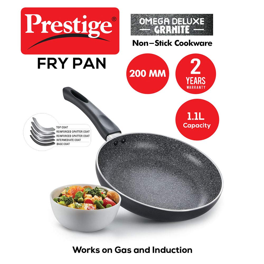 Prestige Non-Stick Omega Deluxe Granite Fry Pan 20 Centimetres Capacity 1.1 Liters| Black | Induction Base | 5 Layer Non-Stick Cookware | PFOA Free | Easy Grip Handle