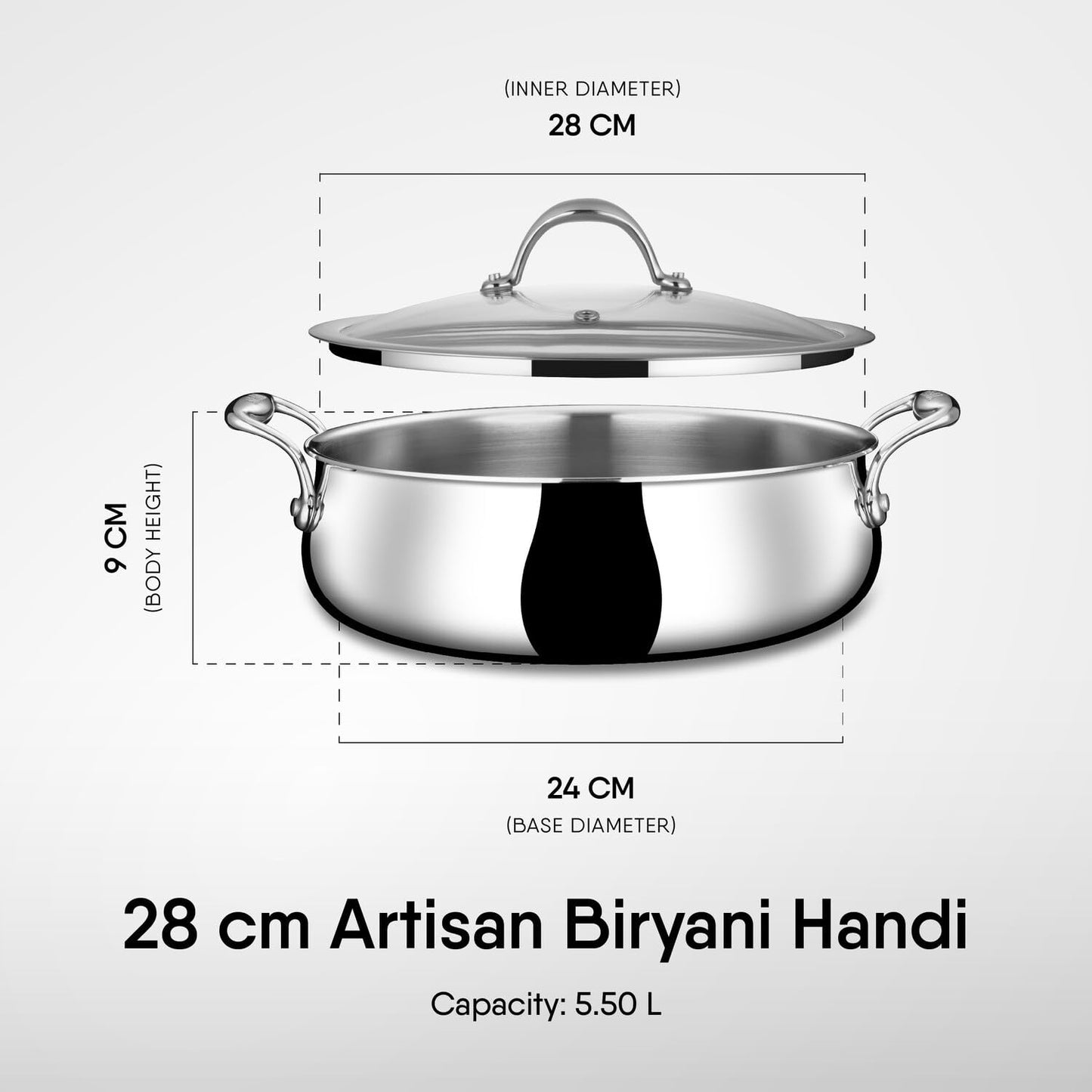 Stahl Artisan Triply Stainless Steel 28cm,5.5Liters Biryani Handi with Dual lid, Steel Lid for Dum & Glass Lid for Serving | 5.5L Biryani Pot, Gas & Induction Compatible | Non-Toxic, Less Oil, Stick Resistant