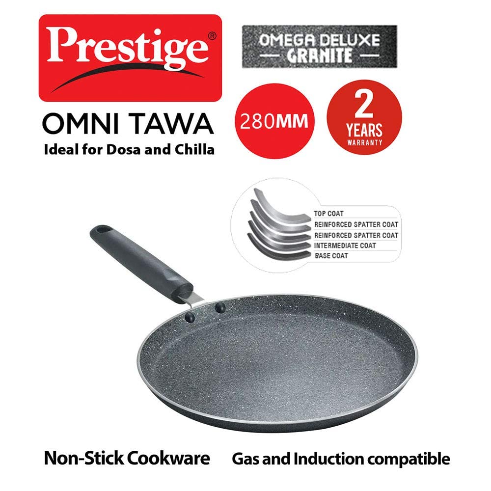 Prestige Omega Deluxe 28cm Granite Dosa Tawa|Non-Stick with 5 Layers Coating| Stainfree Interior|Gas & Induction Compatible|2 Years warranty