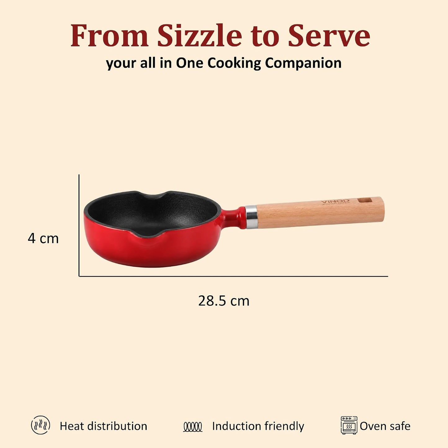 Vinod Freya Enameled Cast Iron Tadka Pan 12 cm Red Color | Dual Pour Spouts Wooden Handle | TREON Technology | No Seasoning Required | for Tempering & Sauces | Gas & Induction Compatible | 100% Toxin Free