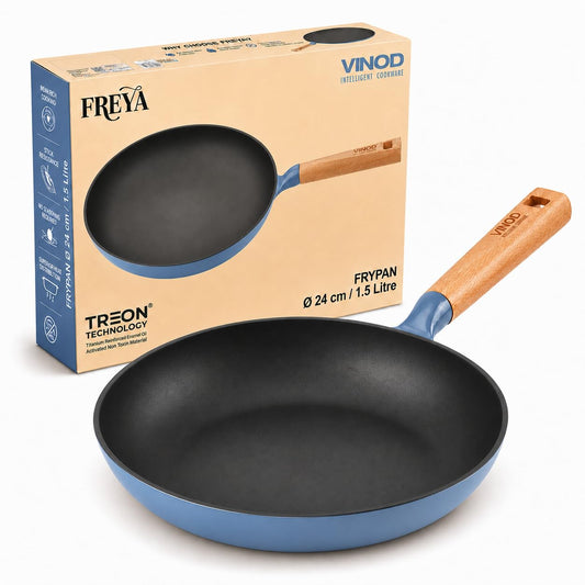Vinod Freya Enameled Cast Iron Frying pan 24 cm, 1.5 L | Wood-Finish Handle | TREON Technology | No Seasoning Required | Gas & Induction Compatible | Ideal for Everyday Cooking