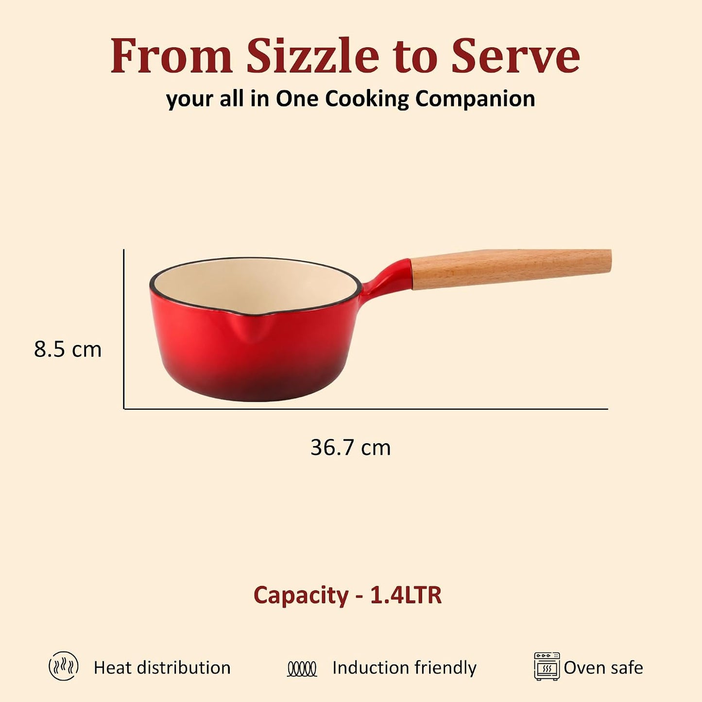 Vinod Freya Enameled Cast Iron Saucepan - 16 cm,1.4 L Red Color | TREON Technology | 100% Toxin Free | Wooden Handle with Pour Spout | Gas & Induction Compatible | No Seasoning Required | Milk & Tea Pan