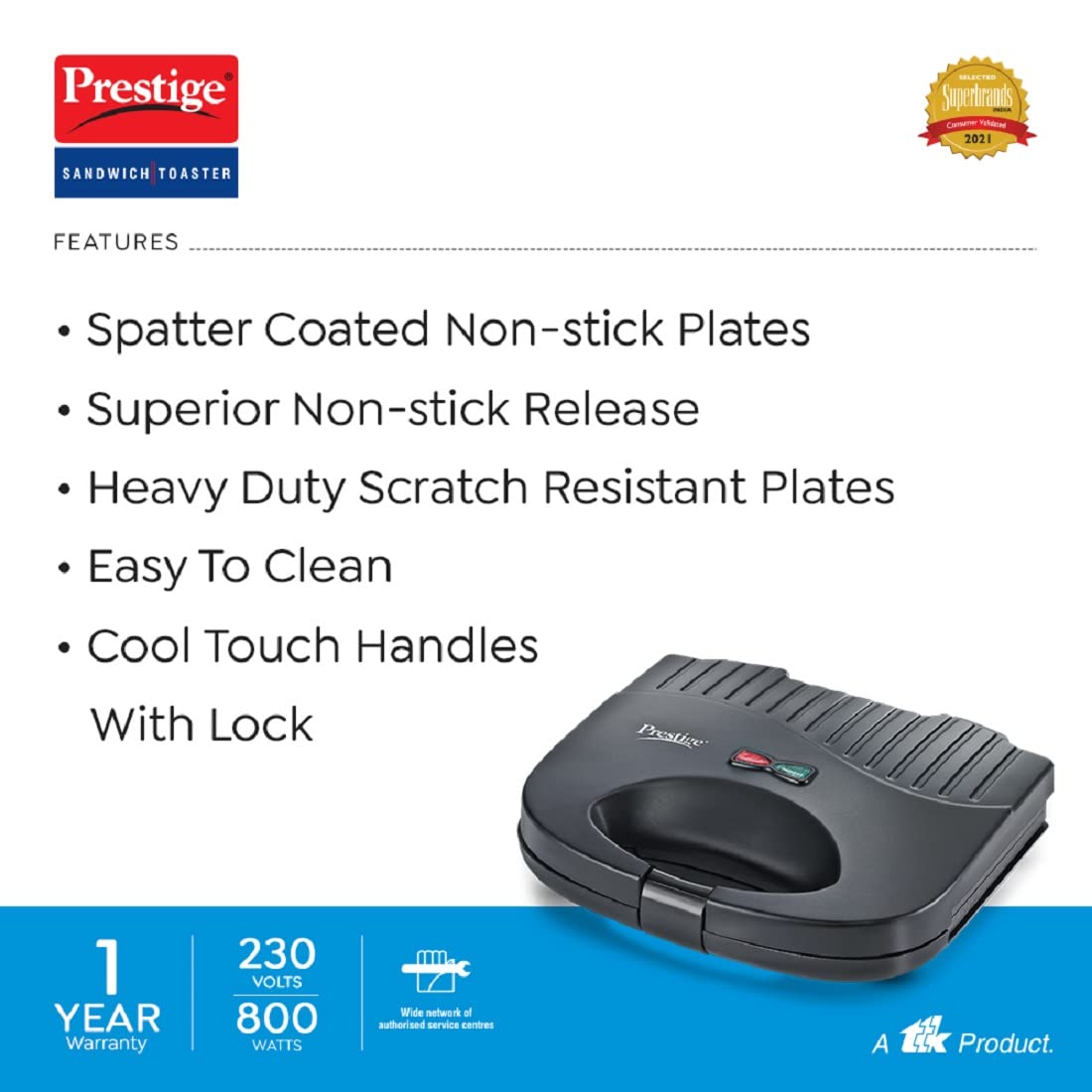Prestige Electric Grill Sandwhich toaster Spatter Coated Non-stick Sandwich Toasters With fixed Grill Plate, Black