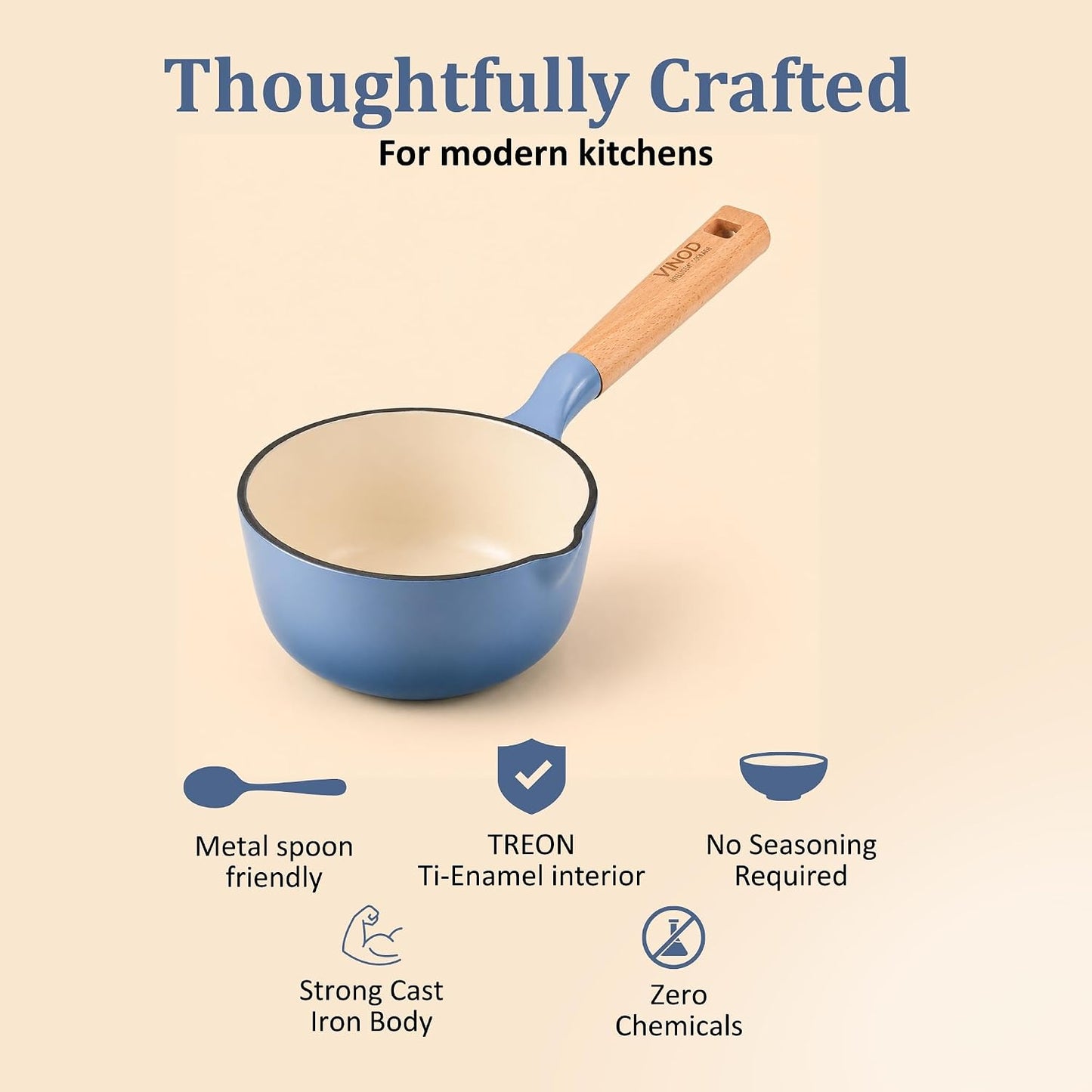 Vinod Freya Enameled Cast Iron Saucepan - 16 cm,1.4 L Blue Color | TREON Technology | 100% Toxin Free | Wooden Handle with Pour Spout | Gas & Induction Compatible | No Seasoning Required | Milk & Tea Pan
