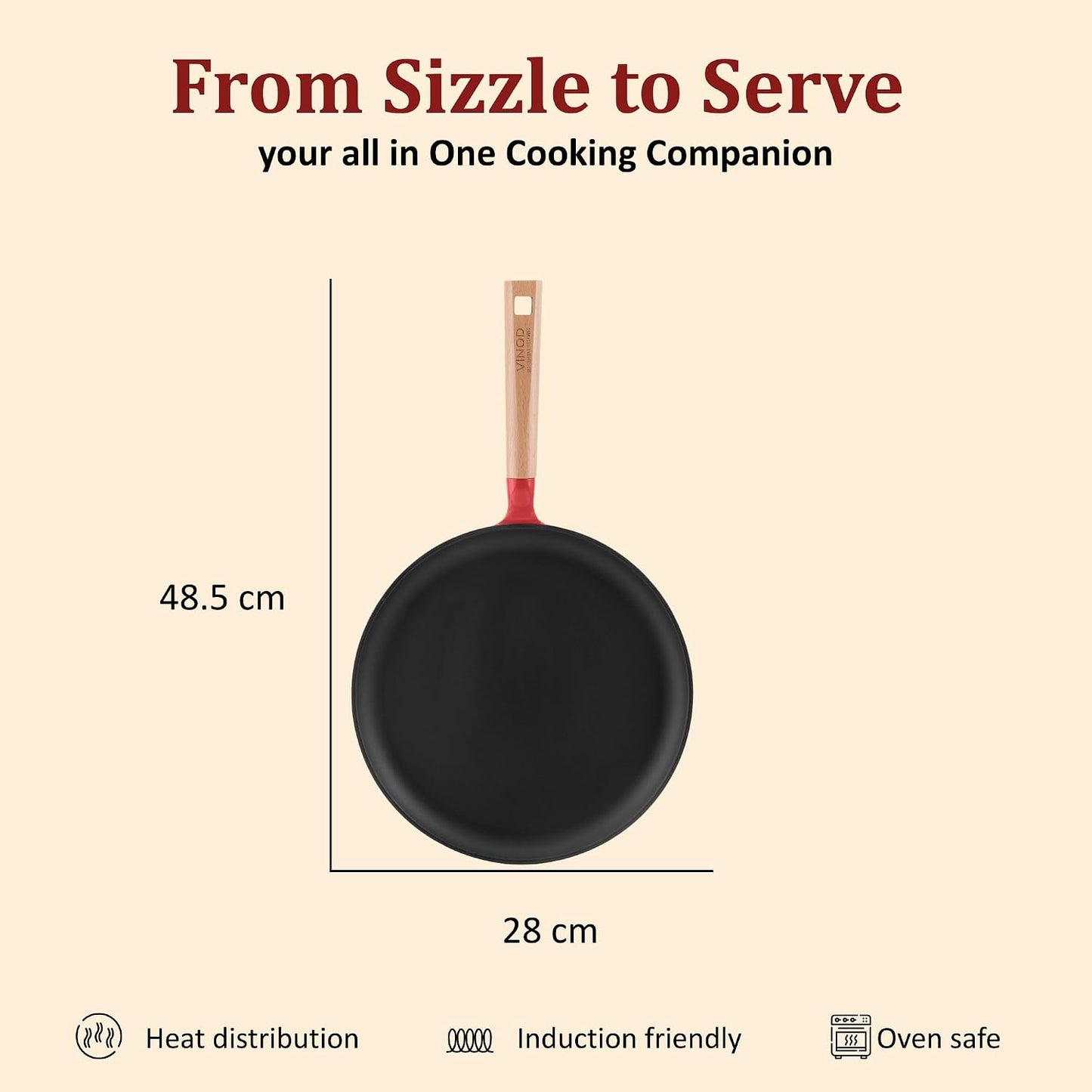 Vinod Freya Cast Iron Dosa Tawa 28 cm Red Color, TREON Titanium-Reinforced Enamel, No Seasoning Required, Oil-Activated Food Release, No Traditional Seasoning, Gas & Induction Base, Beechwood Handle
