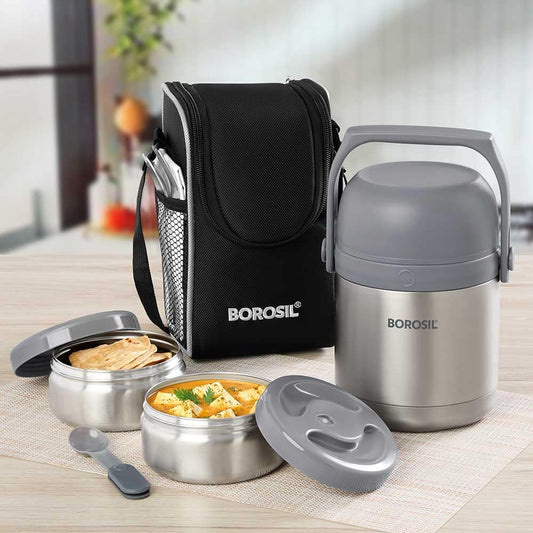 Borosil Hot N Fresh Stainless Steel Insulated Lunchbox | 420ml x 2 Round Container Set with 1.3L Outer Body | Keep Food Warm Upto 6 Hours | Air Vent Button | Tiffin for School, Office, College | Grey