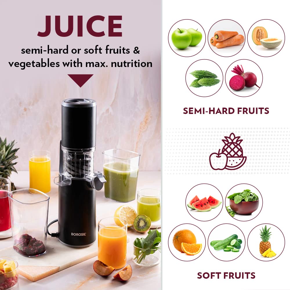 Borosil 130W Easy Cold Press Slow Juicer | Compact Design Portable Less Oxidation, Anti Drip Outlet Lid |All Fruit & Vegetable Juicer | 1 Year Warranty on motor