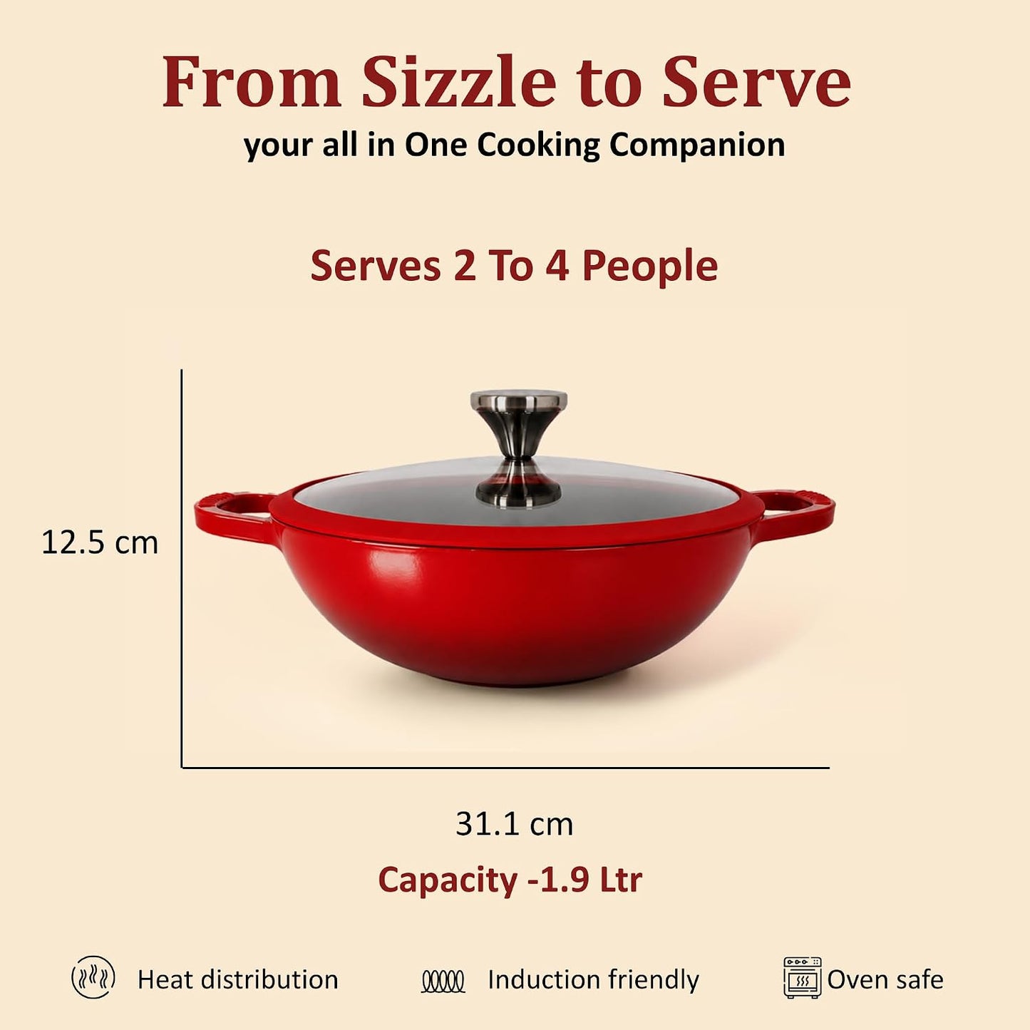 Vinod Freya Cast Iron Deep Kadai with Glass Lid, 22 cm 1.9 L Red Color | TREON Technology Enamel Kadhai for Frying, Sabzi, & Cooking | No Seasoning Required | Induction & Gas Stove Compatible | 100% Non-Toxic