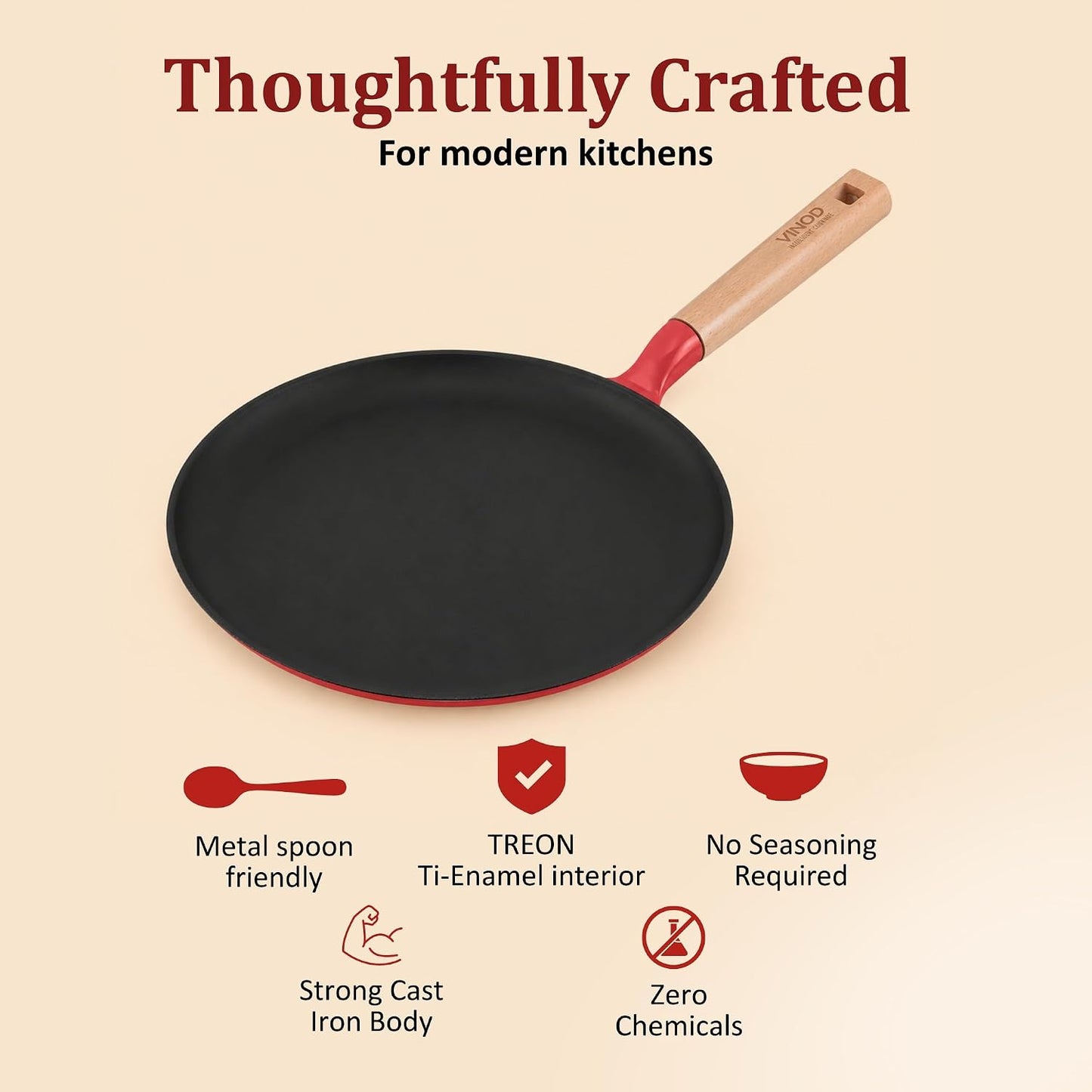 Vinod Freya Cast Iron Dosa Tawa 28 cm Red Color, TREON Titanium-Reinforced Enamel, No Seasoning Required, Oil-Activated Food Release, No Traditional Seasoning, Gas & Induction Base, Beechwood Handle