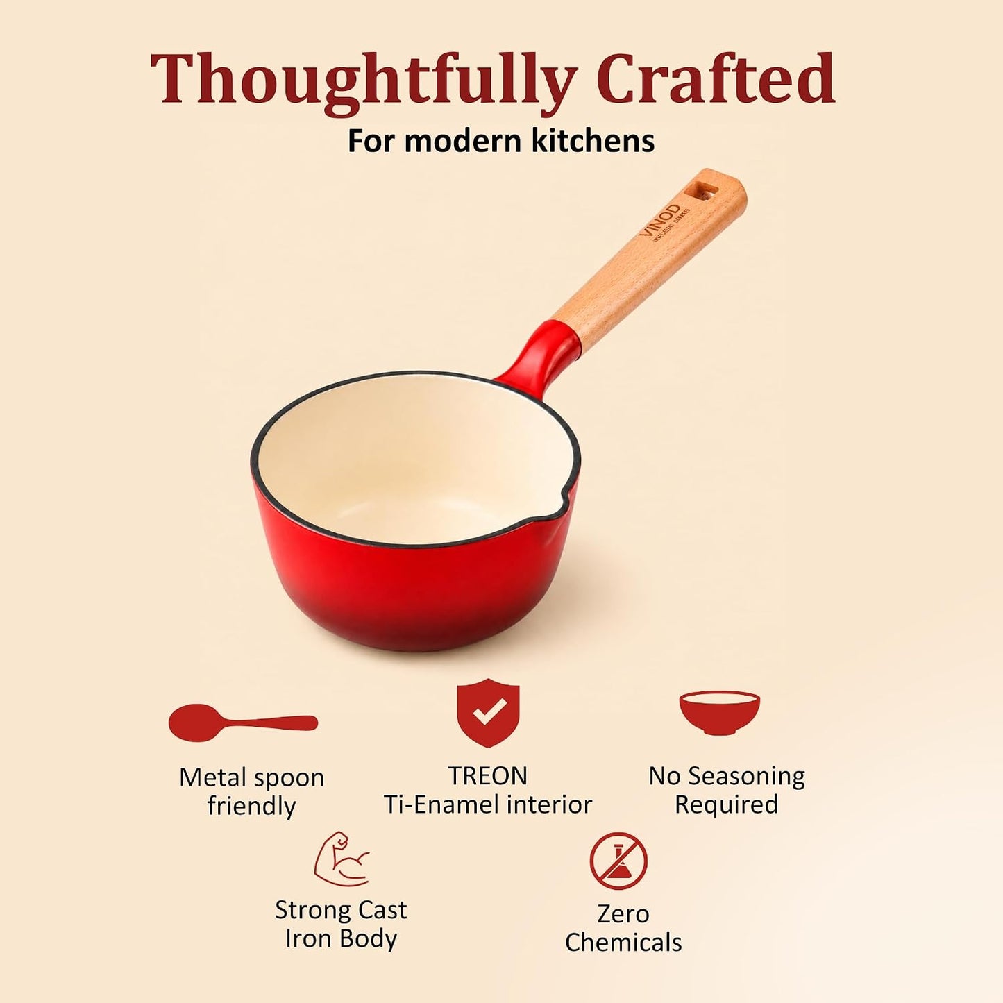 Vinod Freya Enameled Cast Iron Saucepan - 16 cm,1.4 L Red Color | TREON Technology | 100% Toxin Free | Wooden Handle with Pour Spout | Gas & Induction Compatible | No Seasoning Required | Milk & Tea Pan