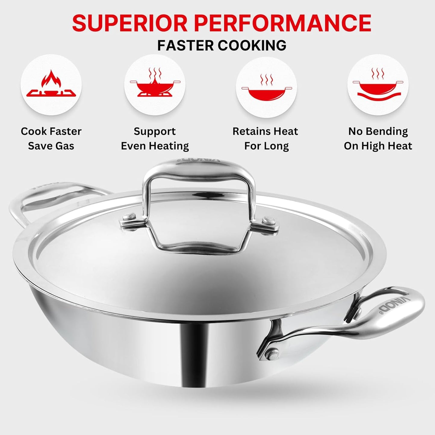 Vinod Platinum Triply Stainless Steel Extra Deep Kadhai with Lid 5.5 Litre, 30 cm | 2.5mm Thick | Kadhai for Cooking | 5 Year Warranty | Induction & Gas Base | Heavy Base