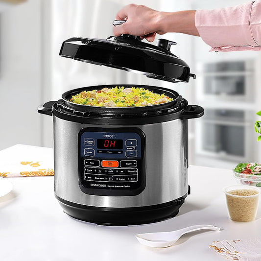 Borosil Instacook 6 L Electric Stainless Steel Pressure Cooker | 12 Digitized Indian Cooking Programs | 15 Hour Delay Timer | One Touch Instant Cooking | Idli Maker, Rice Cooker | 2 Year Warranty on motor