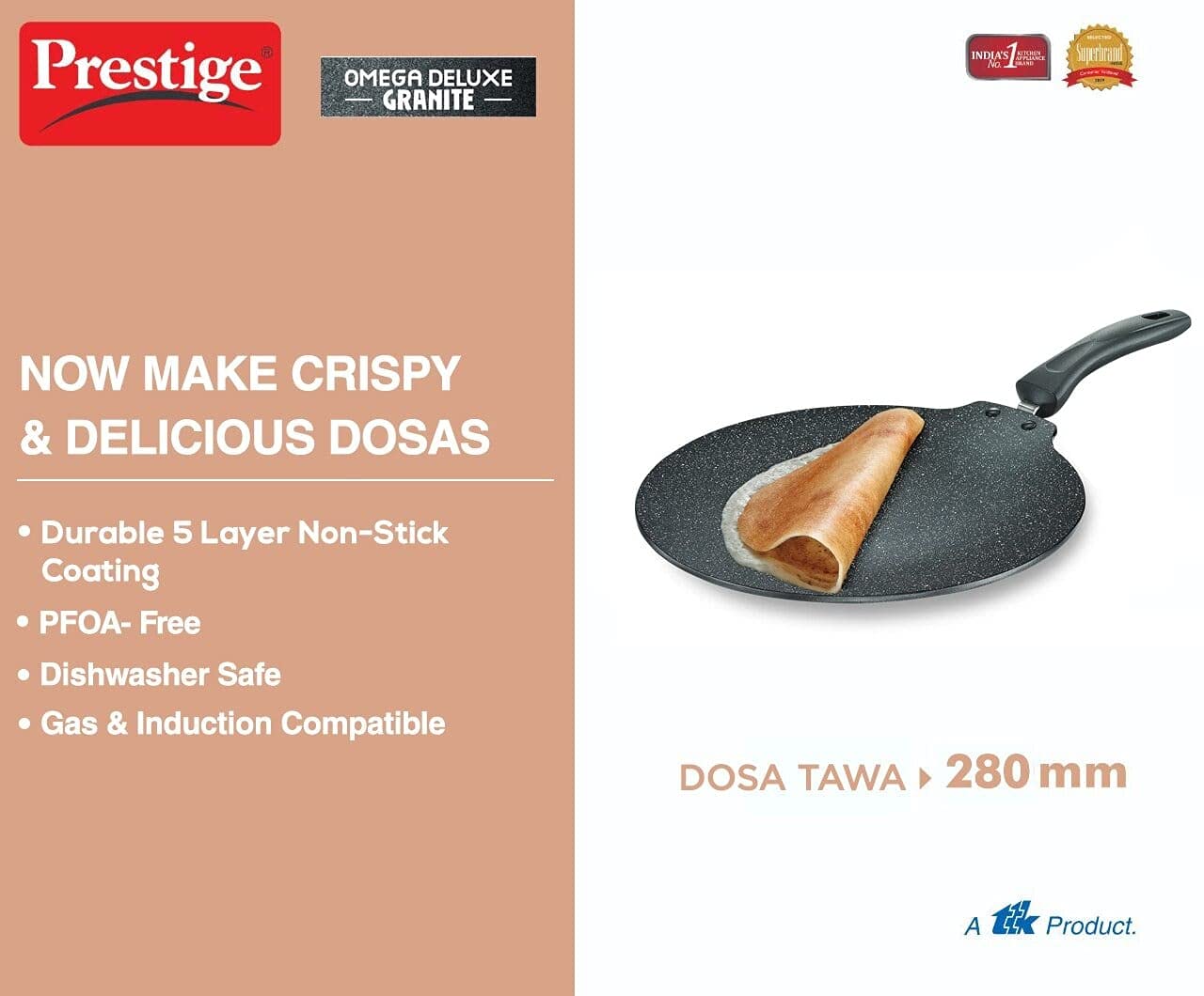 Prestige Omega Deluxe Granite Flat Dosa Tawa Black, 28 cm |Non-Stick | Induction Base | Dishwasher Safe | PFOA Free | Metal Spoon Friendly