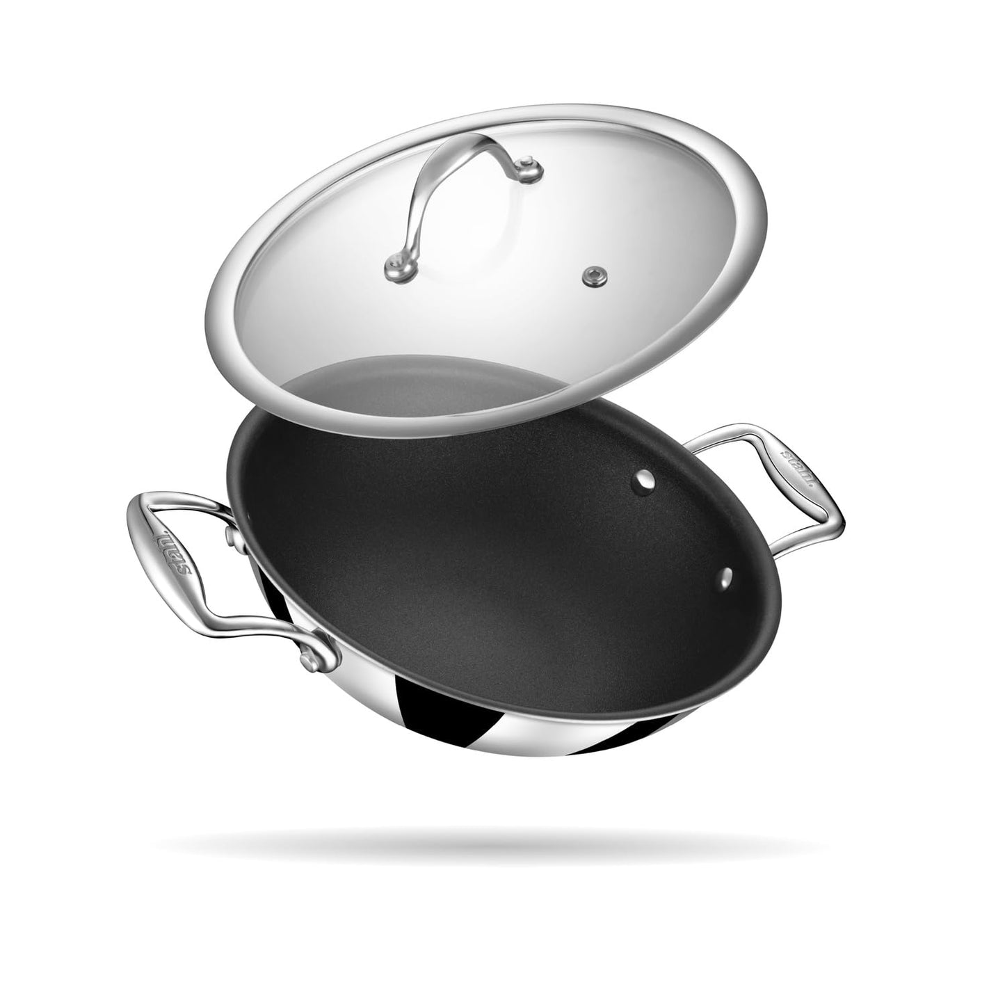 Stahl Artisan Schild 22cm(2 Liters) Kadhai Triply Stainless Steel PEEK-Reinforced Kadhai Induction & Gas Stove Compatible with Glass Lid
