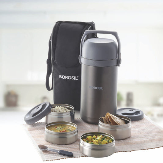 Borosil Hot N Fresh Stainless Steel Insulated Lunchbox | 4pc Round Container Set (420ml x 2 + 350ml x 2) with 2.3L Outer Body | Keep Food Warm Upto 6 Hours | Tiffin for School, Office, College | Grey