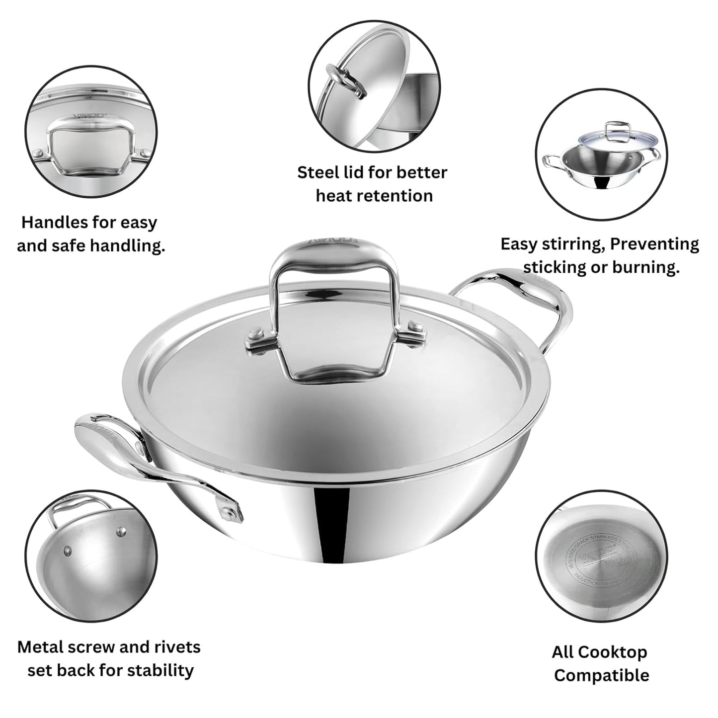 Vinod Platinum Triply Stainless Steel Extra Deep Kadhai with Lid 5.5 Litre, 30 cm | 2.5mm Thick | Kadhai for Cooking | 5 Year Warranty | Induction & Gas Base | Heavy Base