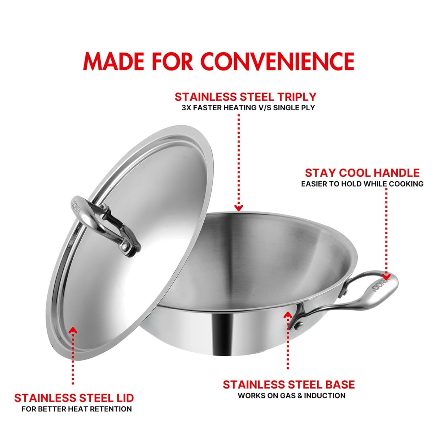 Vinod Platinum Triply Stainless Steel Extra Deep Kadhai with Lid 5.5 Litre, 30 cm | 2.5mm Thick | Kadhai for Cooking | 5 Year Warranty | Induction & Gas Base | Heavy Base