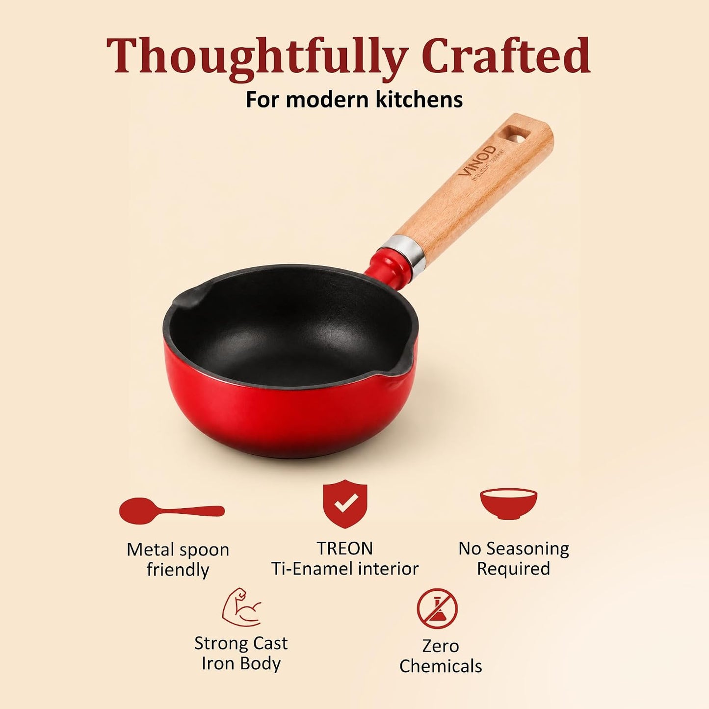 Vinod Freya Enameled Cast Iron Tadka Pan 12 cm Red Color | Dual Pour Spouts Wooden Handle | TREON Technology | No Seasoning Required | for Tempering & Sauces | Gas & Induction Compatible | 100% Toxin Free